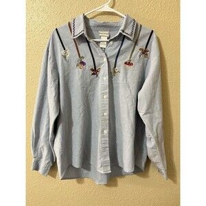 VTG Napa Valley Sz L Embroidered Band Collar Blue Chambray Shirt Blouse Peasant